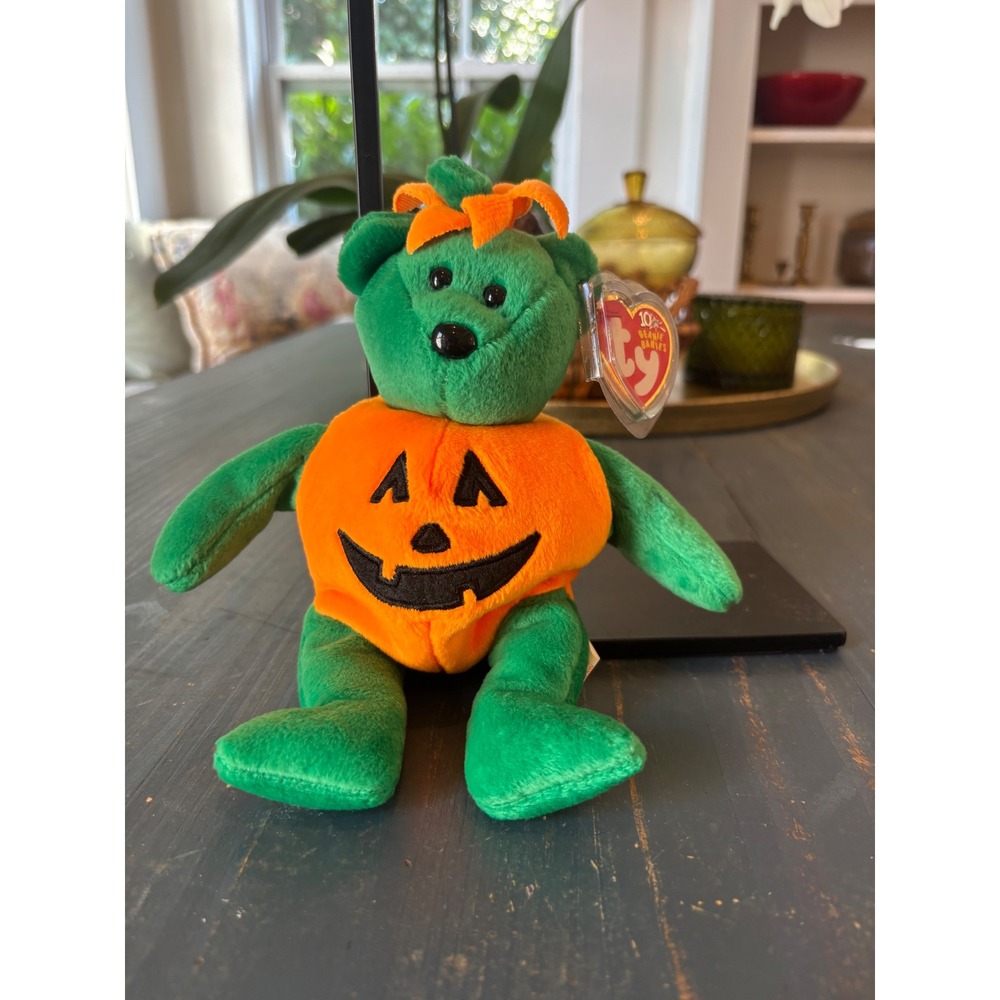 Ty Beanie Babies Tricky the Bear Halloween Pumpkin 10th Anniversary Plush Green - Picture 6 of 11